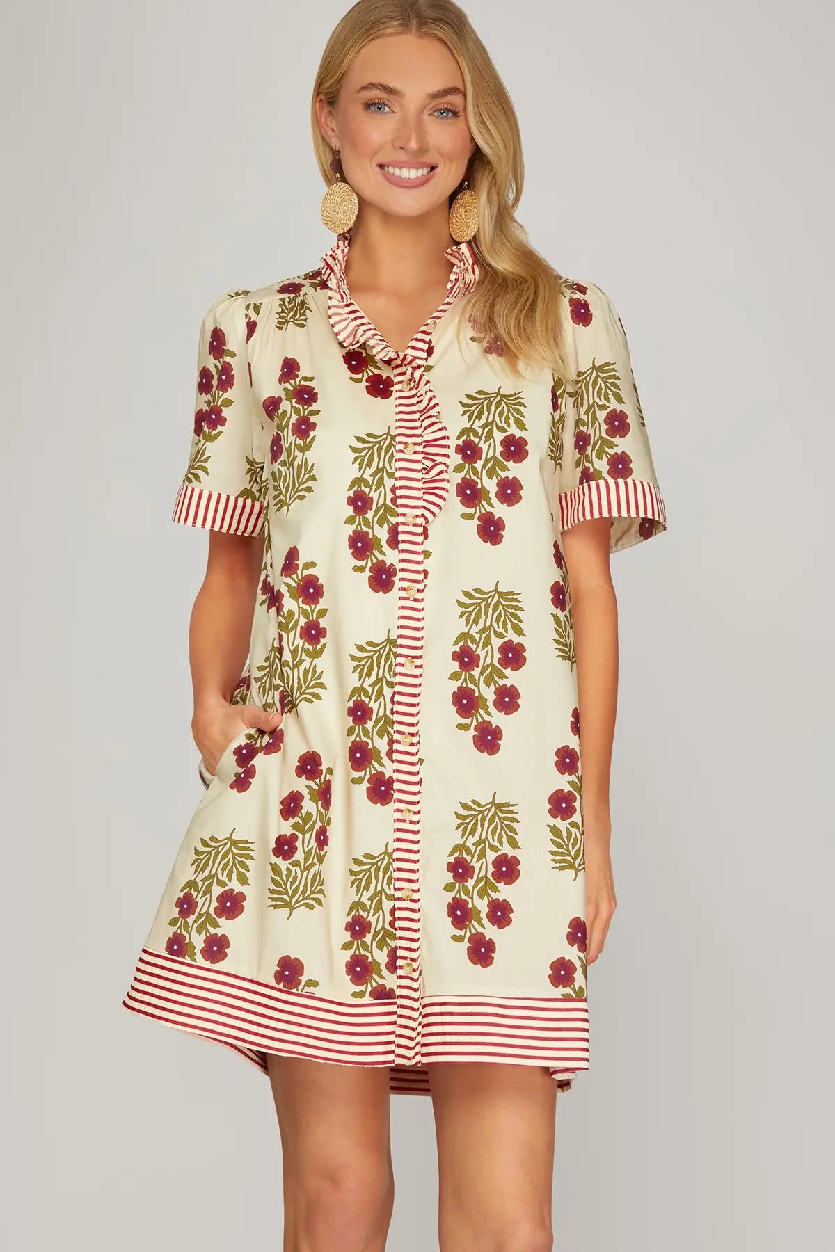 Floral & Stripe Trim Button Down Ruffle Neck Dress-Taupe