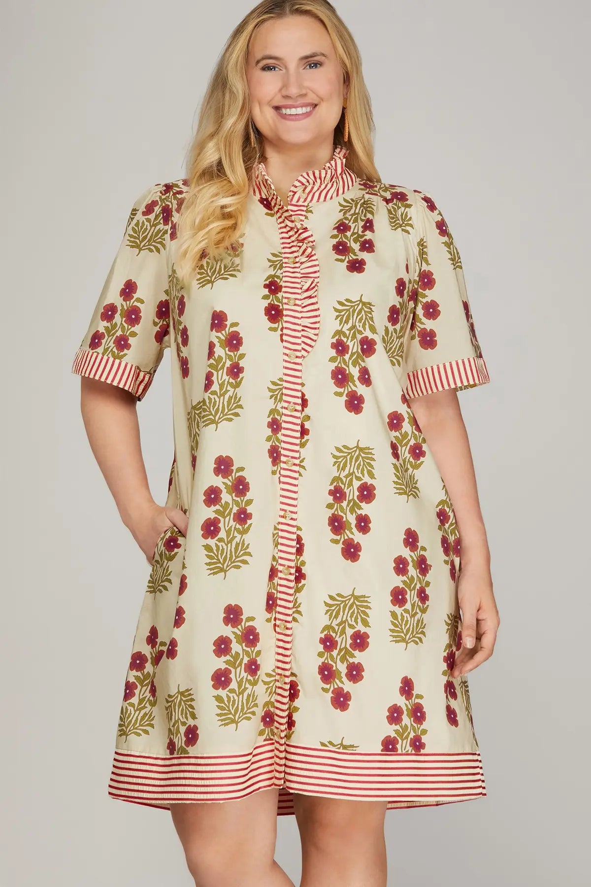 Floral & Stripe Trim Button Down Ruffle Neck Dress-Taupe