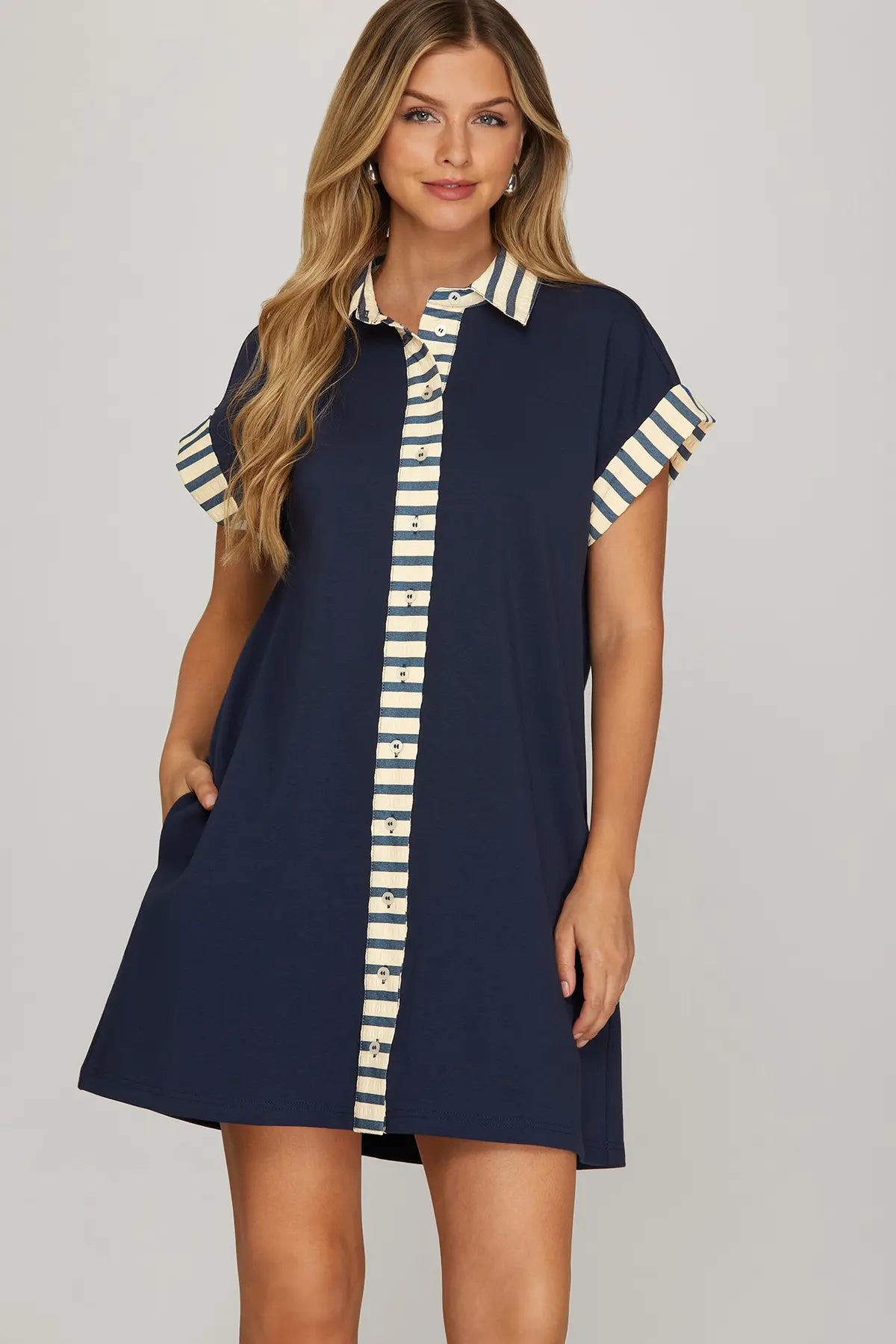Solid Button Down Dress w/Stripe Trim