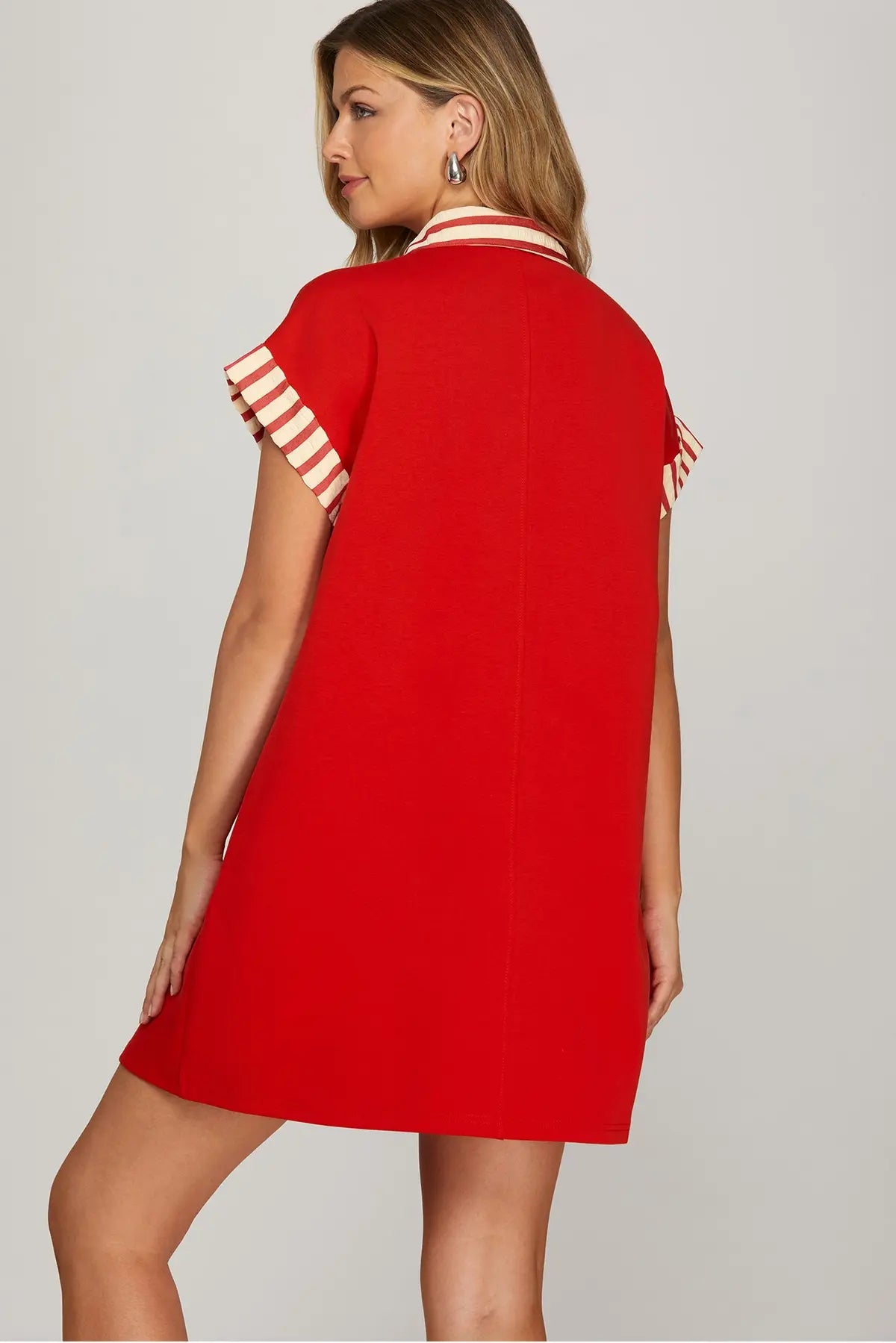 Solid Button Down Dress w/Stripe Trim