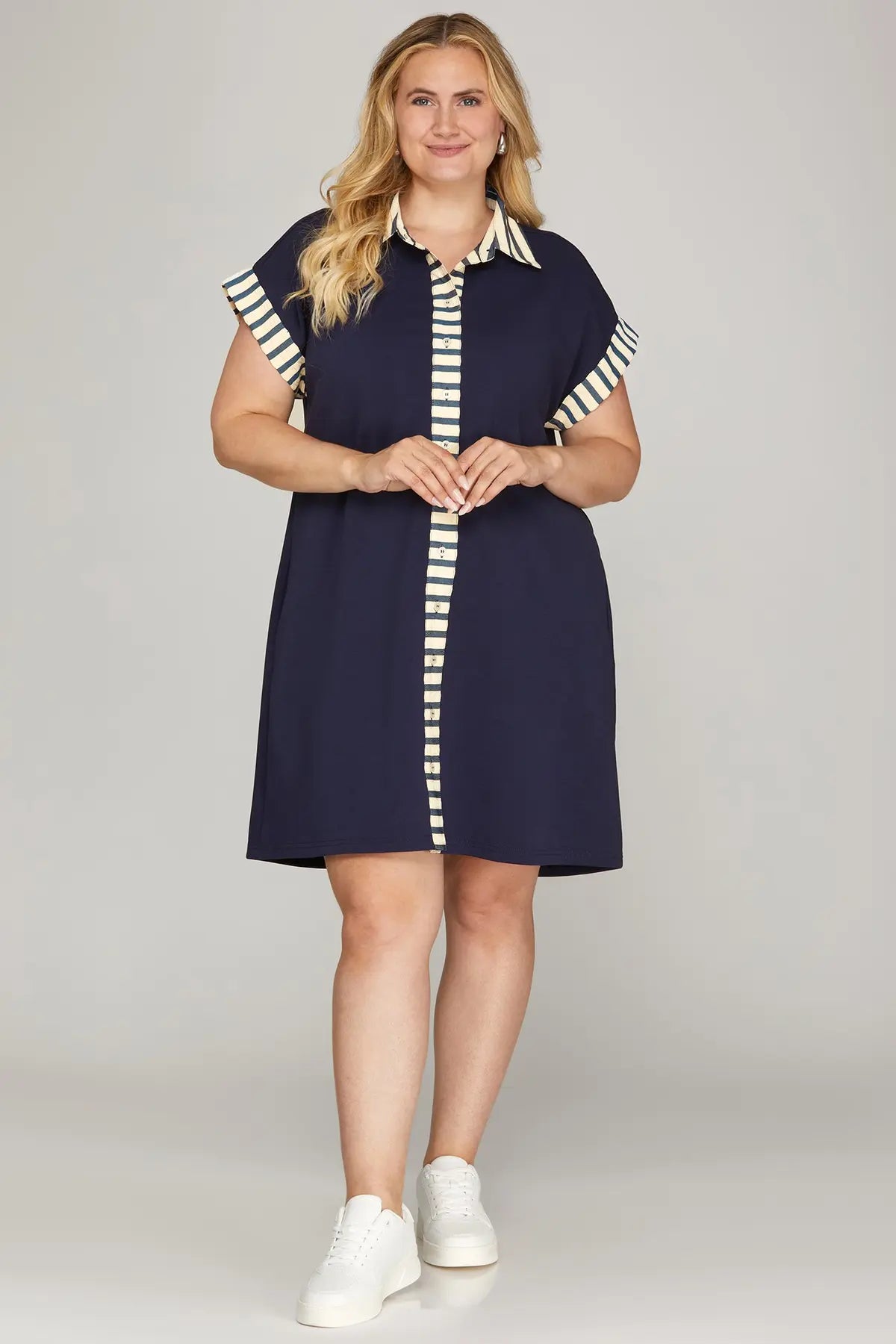 Solid Button Down Dress w/Stripe Trim