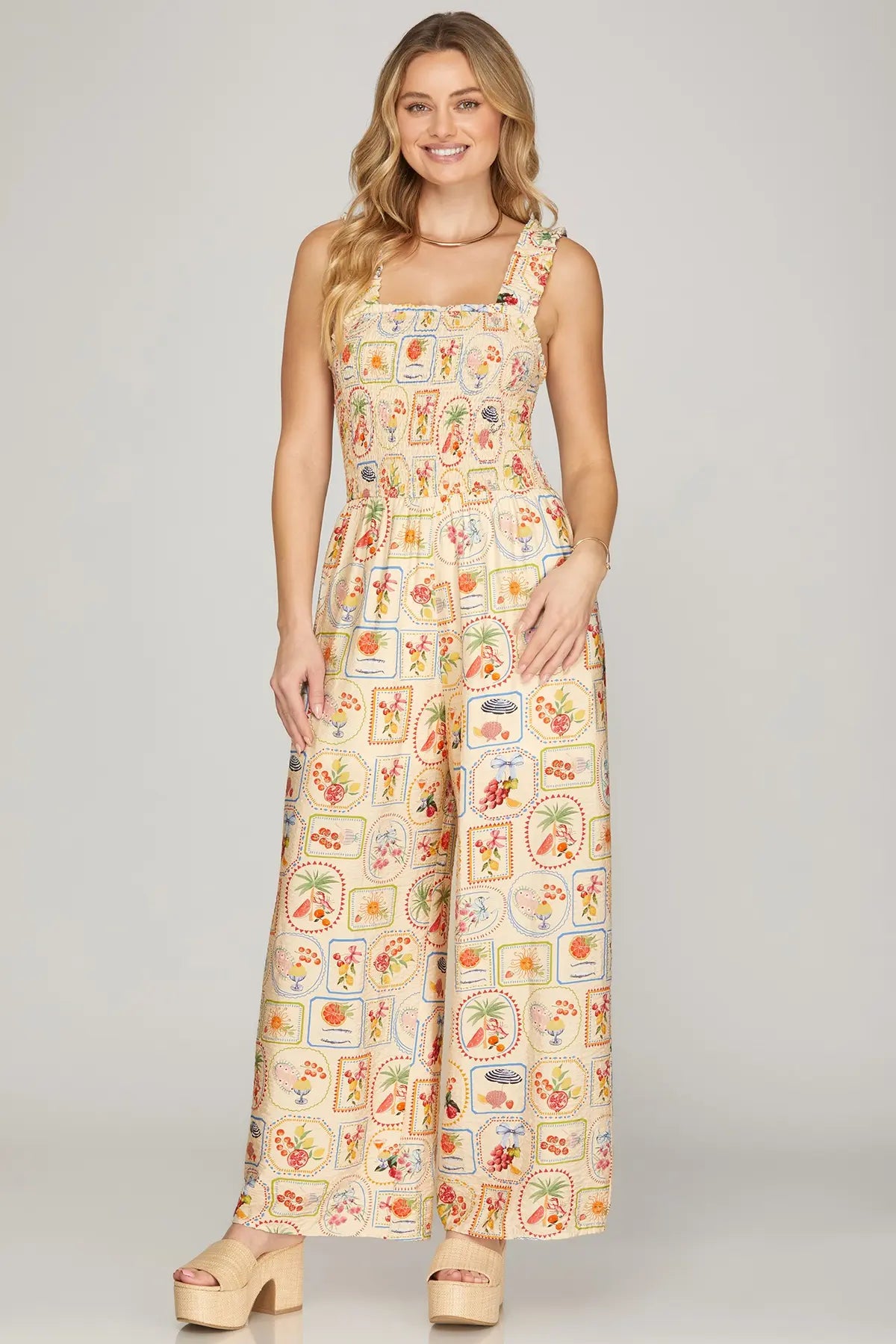 Stamp Print Smocked Top Jumpsuit-Cream