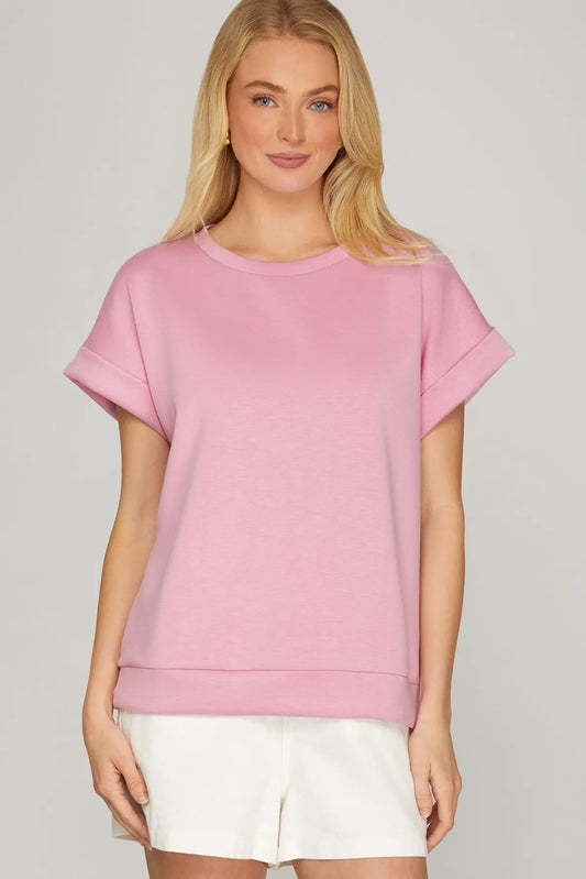 Solid Drop Shoulder Cuff Sleeve Top