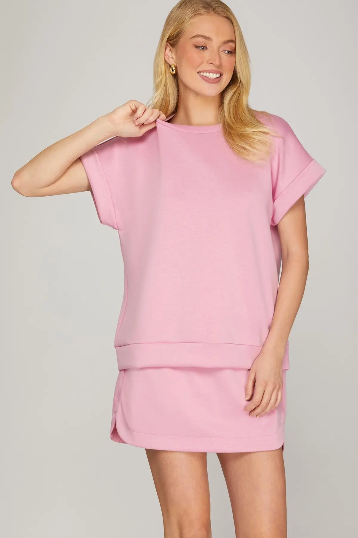 Solid Drop Shoulder Cuff Sleeve Top