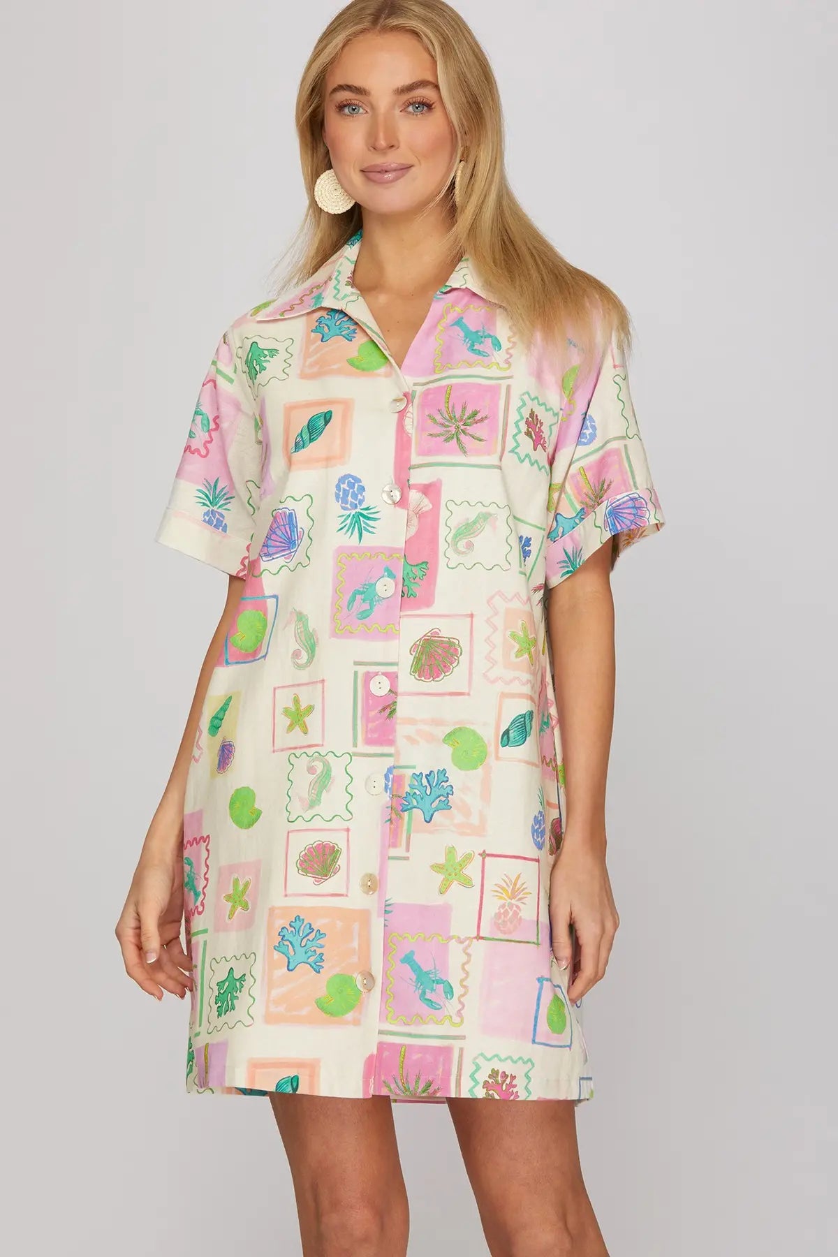 Coastal Square Stamp Print Button Collared Dress-Pink