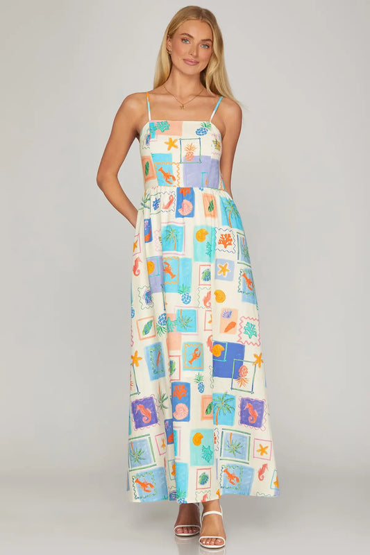 Coastal Square Stamp Print Cami Maxi Dress-Blue
