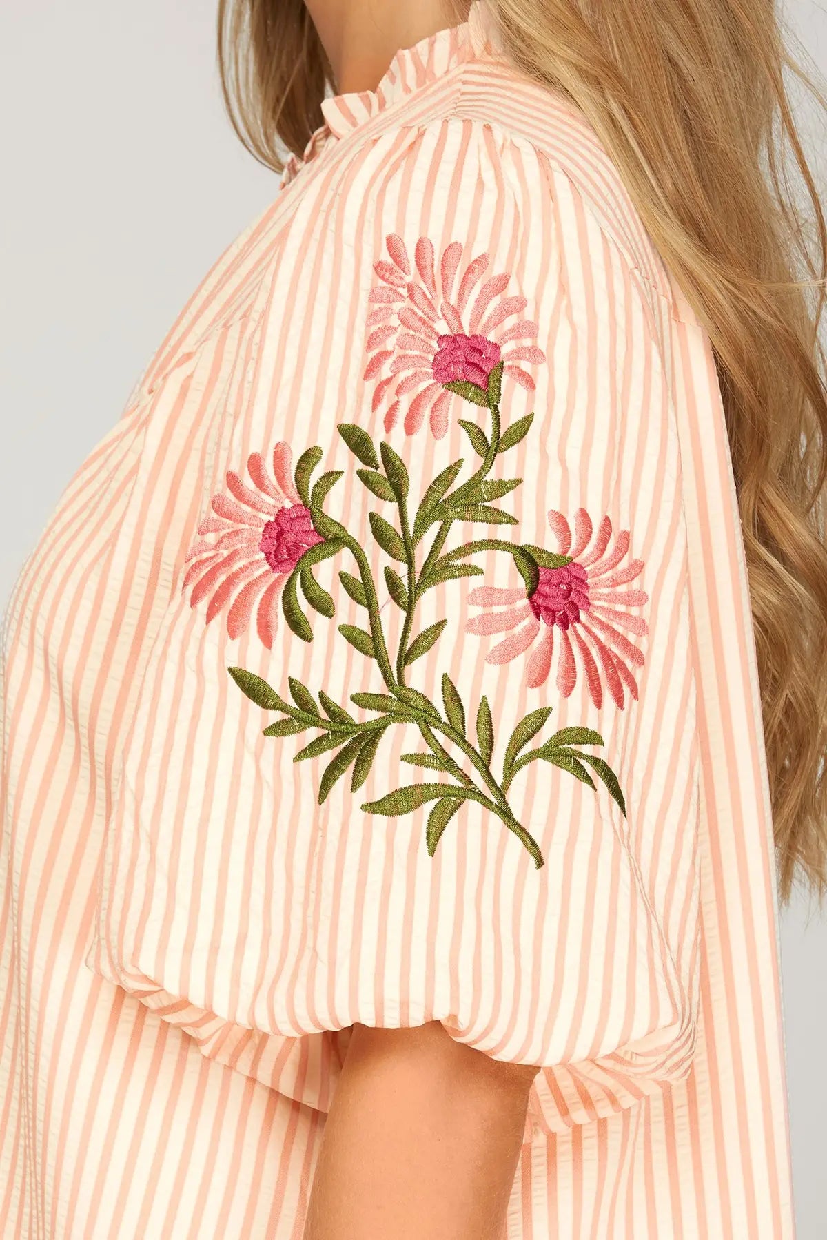 Striped Embroidered 1/2 Puff Sleeve Dress-Pink
