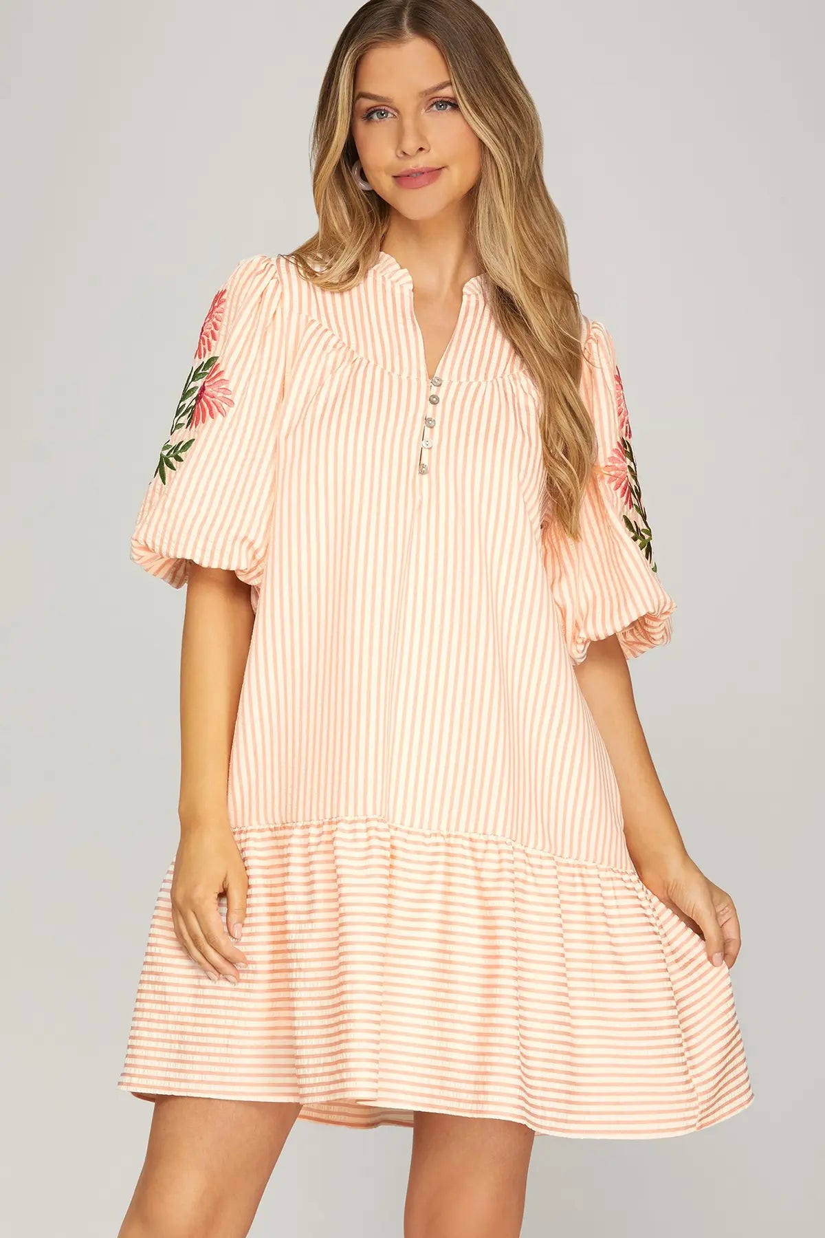 Striped Embroidered 1/2 Puff Sleeve Dress-Pink