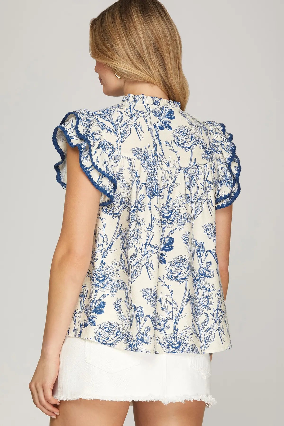 Toile Whip Stitch Detail Ruffle Sleeve Top