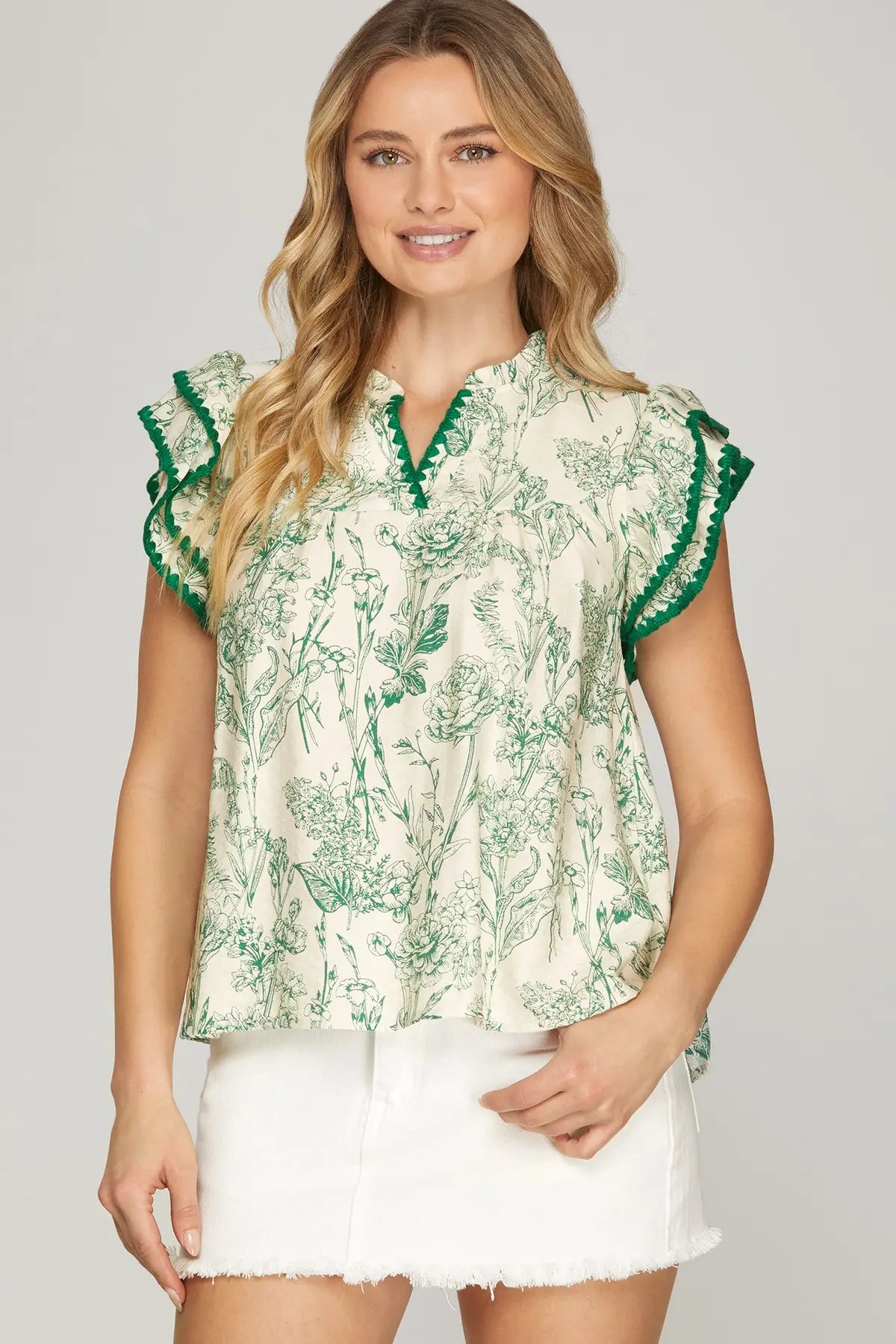 Toile Whip Stitch Detail Ruffle Sleeve Top