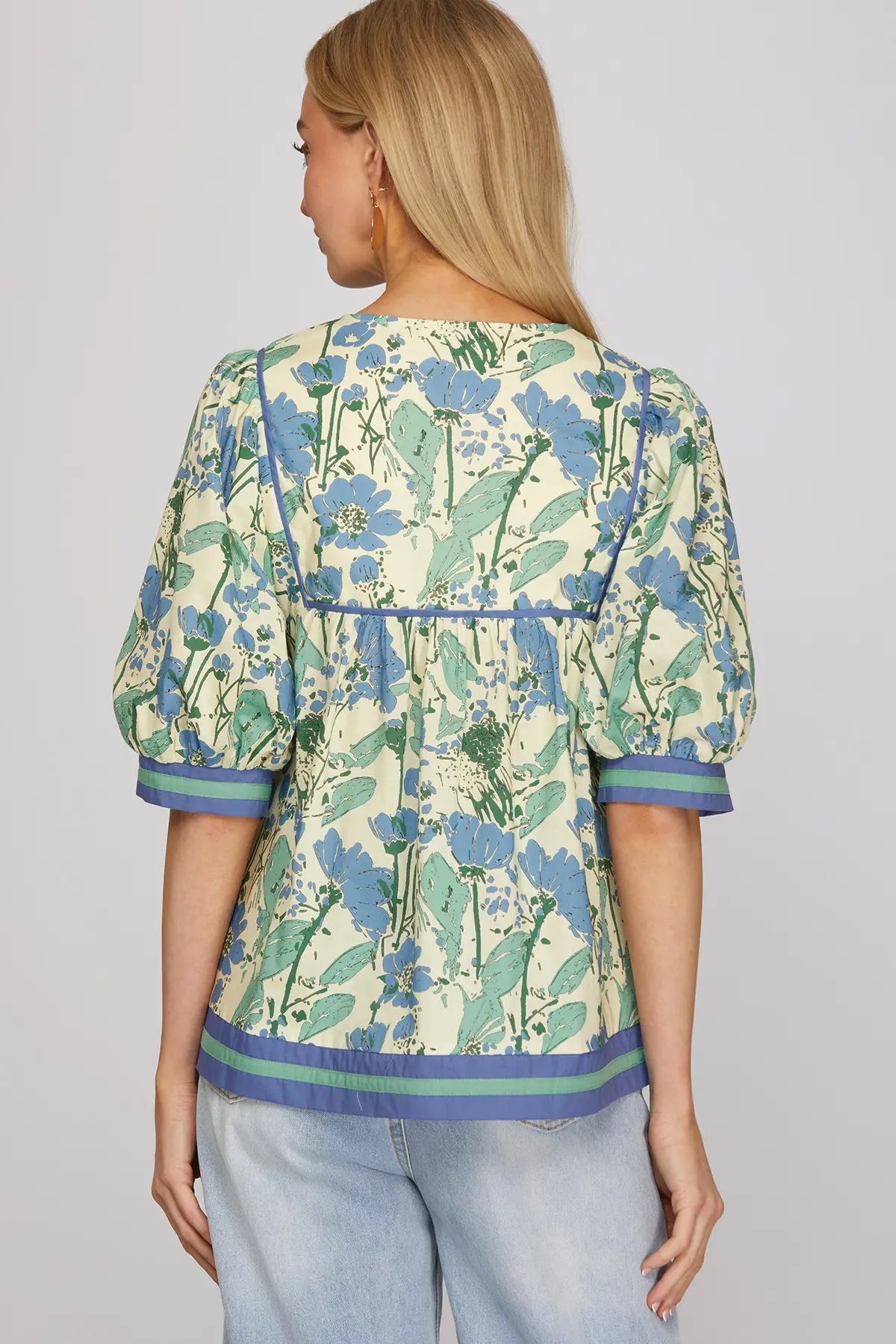 Floral 1/2 Sleeve Contrast Stripe Trim Top-Blue