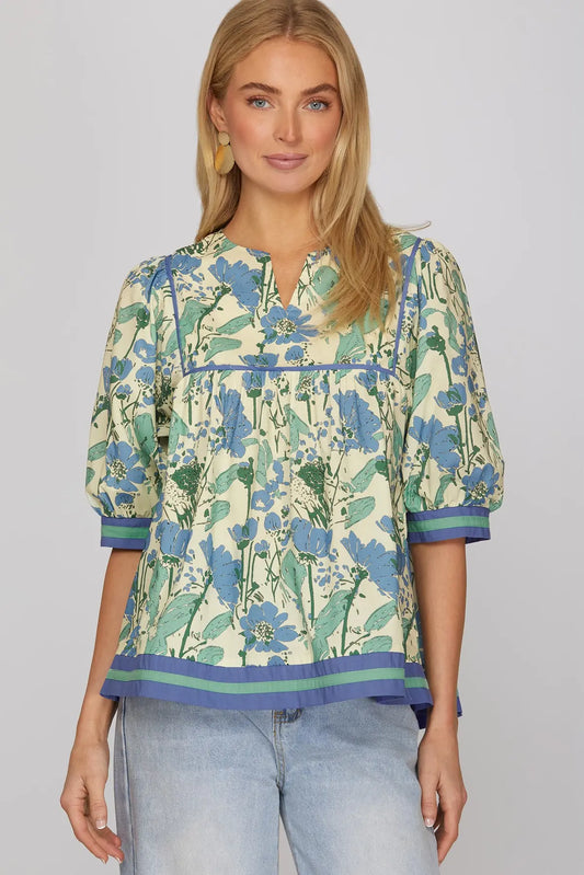 Floral 1/2 Sleeve Contrast Stripe Trim Top-Blue