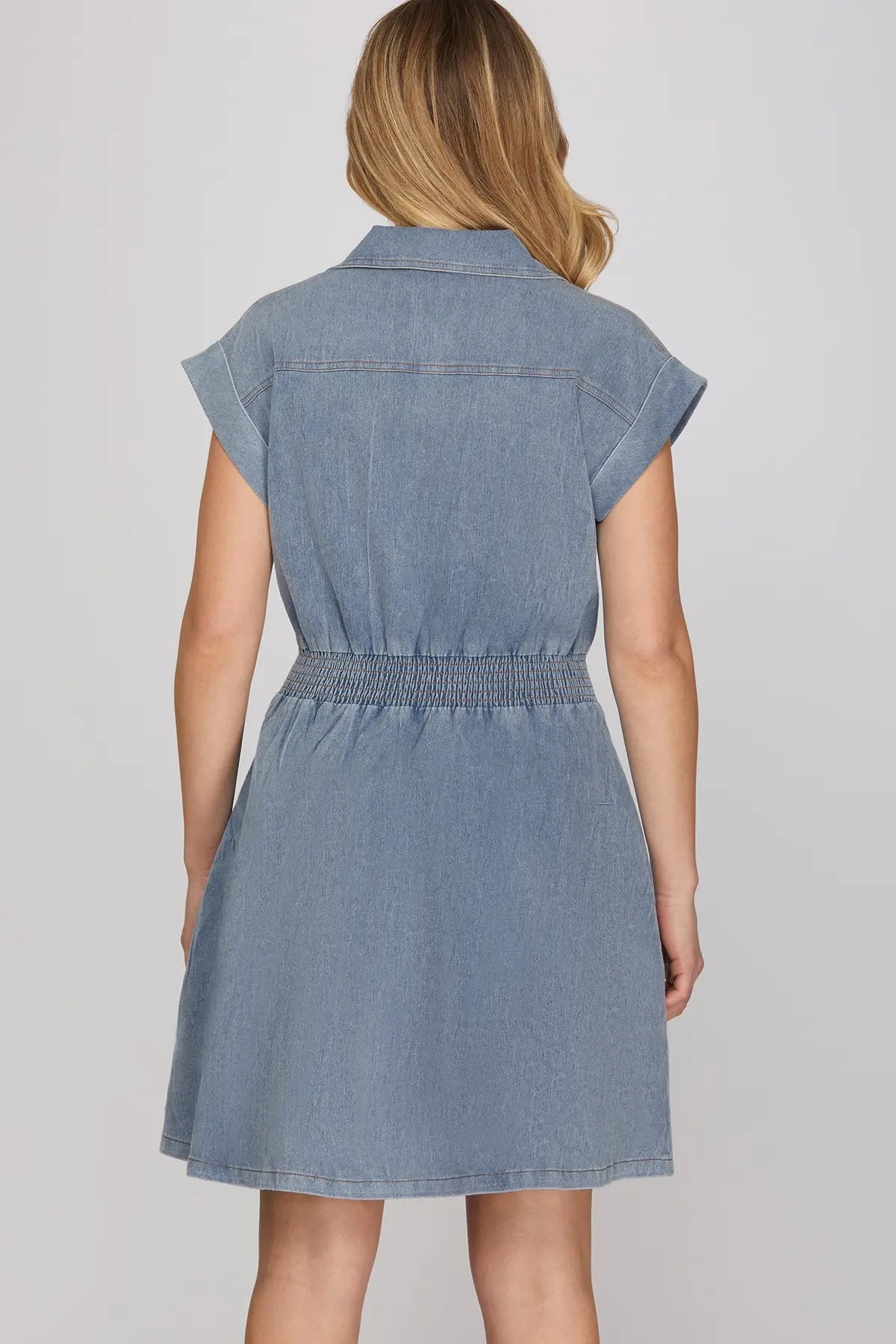 Collared Denim Smocked Waist Zip Up Dress-Light Blue
