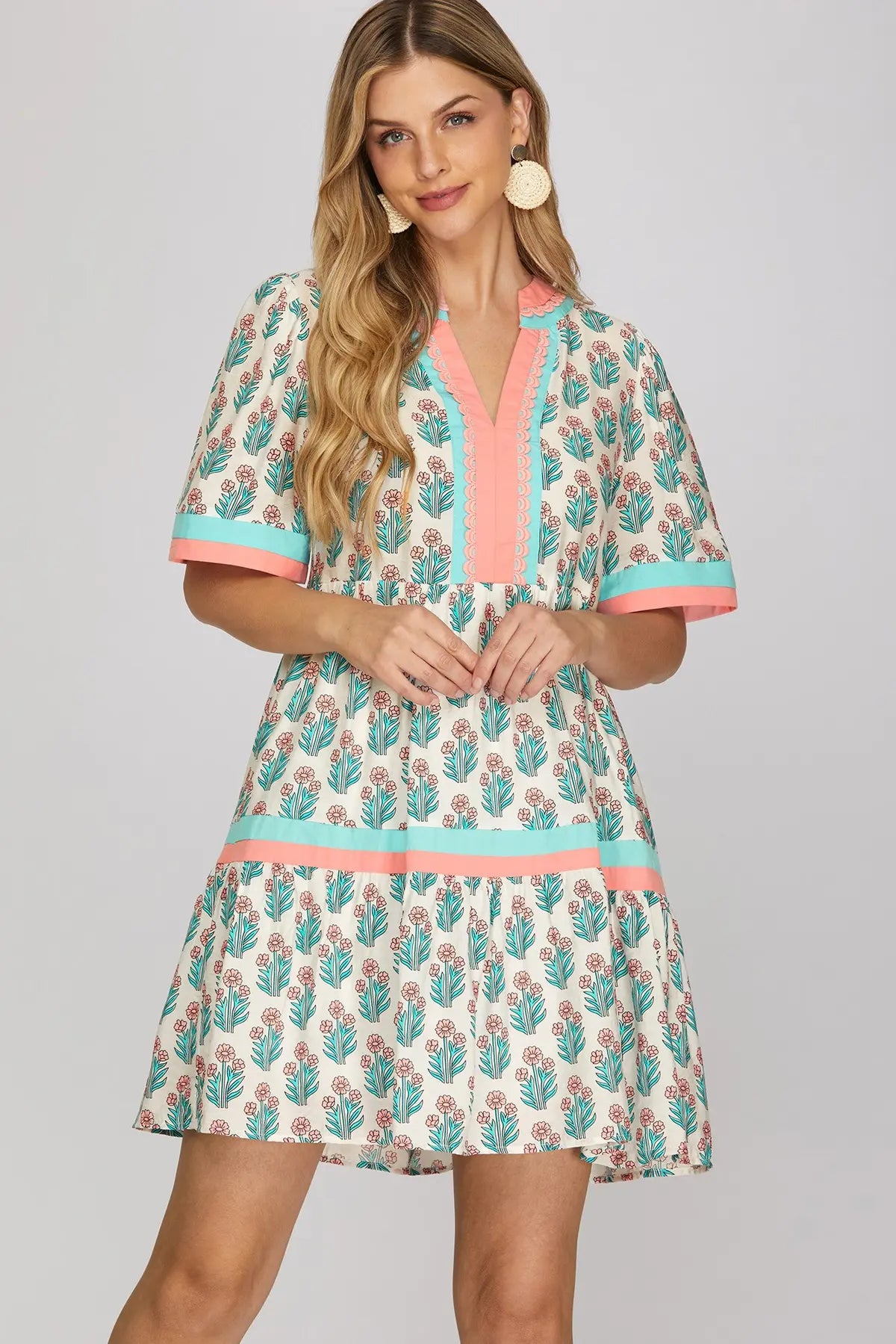Floral Stamp Print Contrast Stripe Trim Dress-Aqua