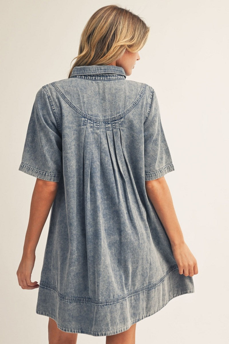 Acid Wash Denim Collared Pocket Pleat Back Dress