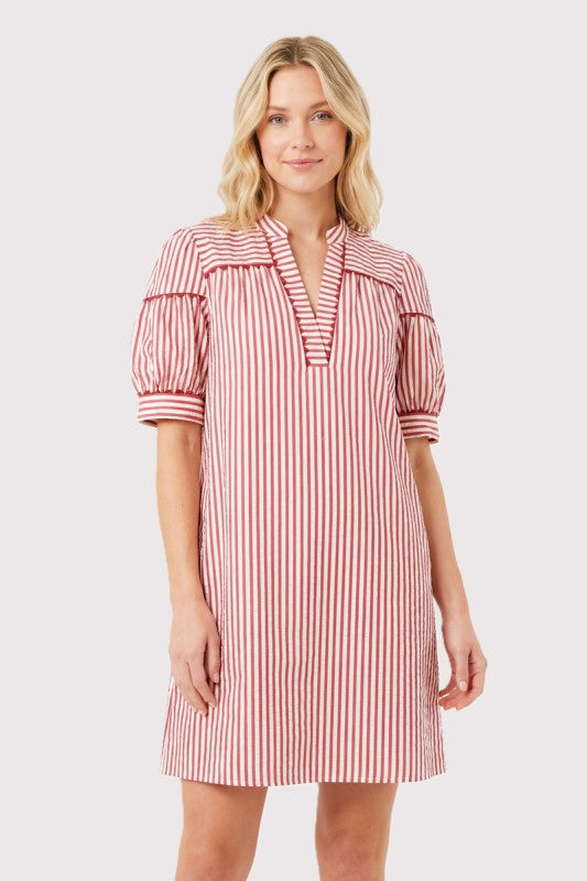 Striped Split Neck Scallop Trim Shift Dress
