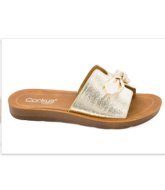Too Cute Metallic Gold Bow Slide by Corkys