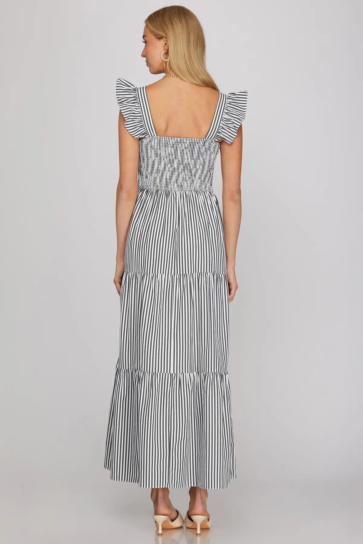 Striped Ruffle Strap Smocked Tiered Maxi Dress-Navy