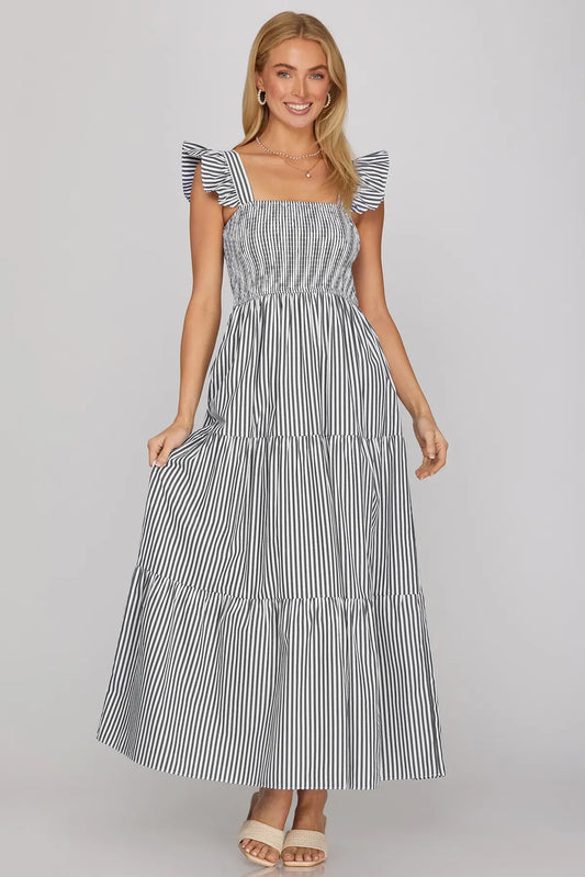 Striped Ruffle Strap Smocked Tiered Maxi Dress-Navy