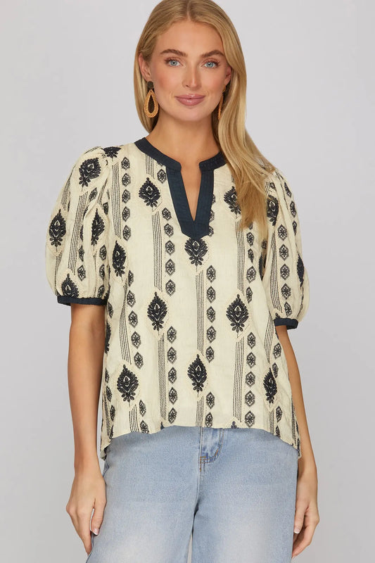 Vertical Embroidered Diamond Puff Sleeve Top-Navy