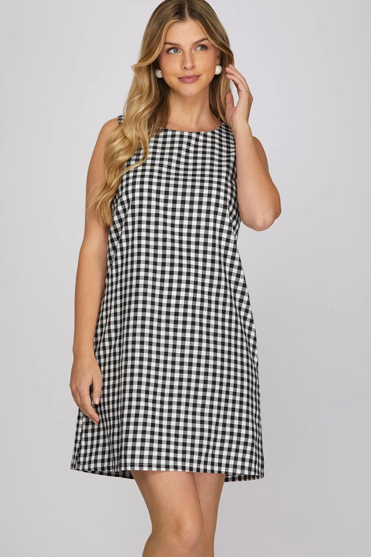 Sleeveless Gingham Round Neck Dress-Blk