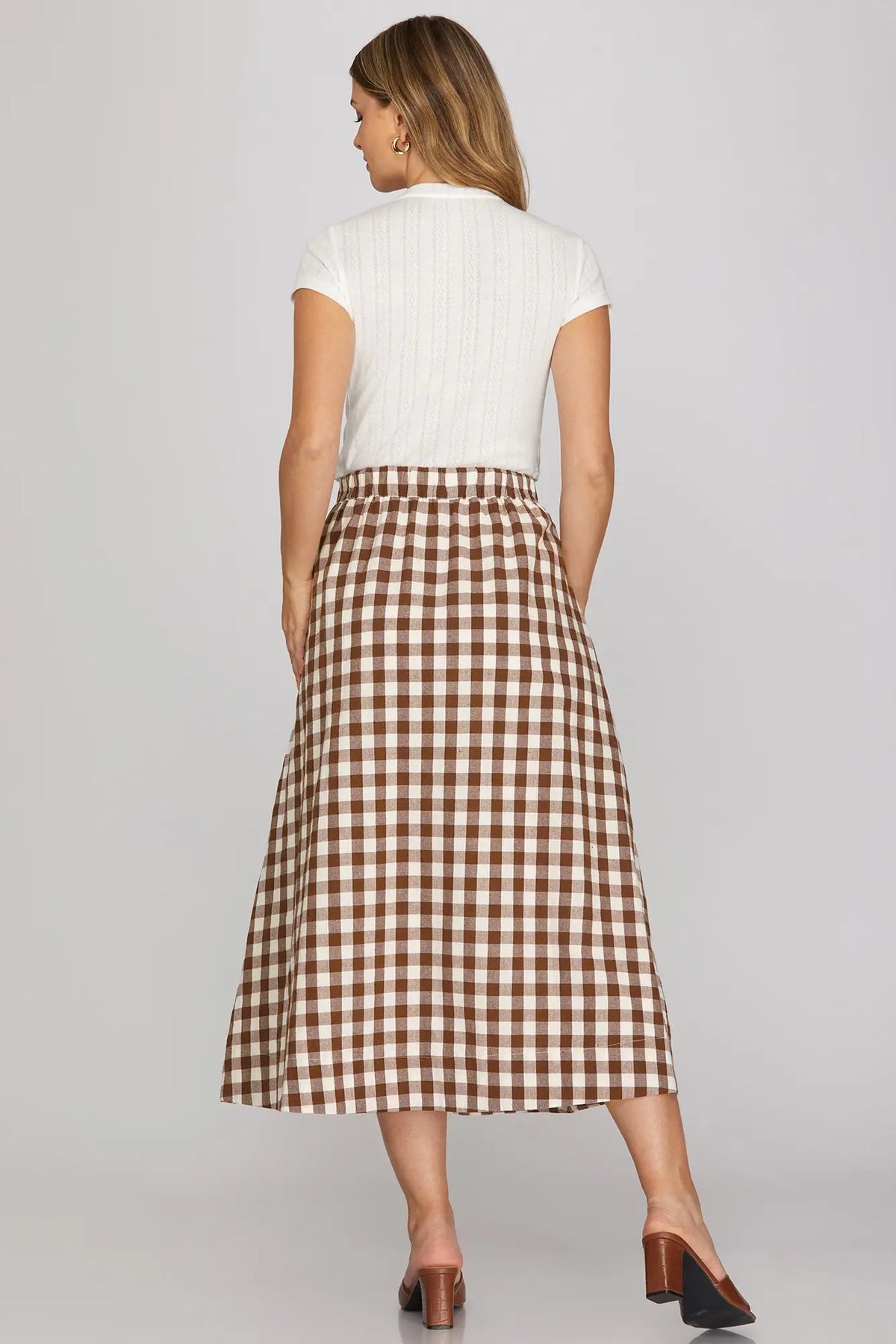 Gingham Elastic Waist Midi Skirt