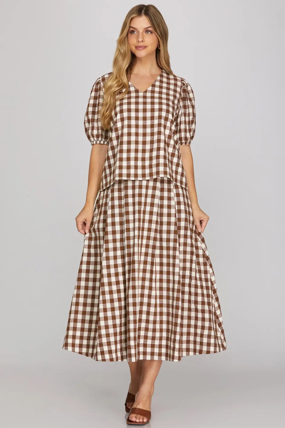 Gingham V-Neck Puff Sleeve Top