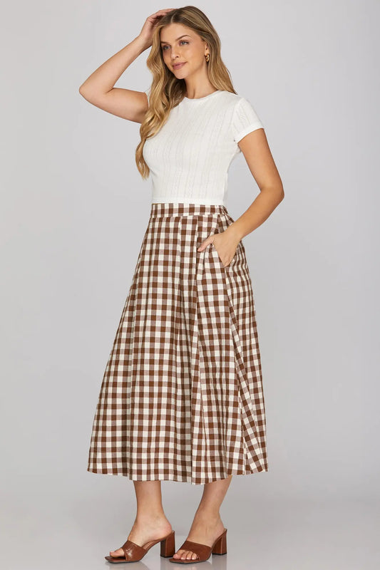 Gingham Elastic Waist Midi Skirt