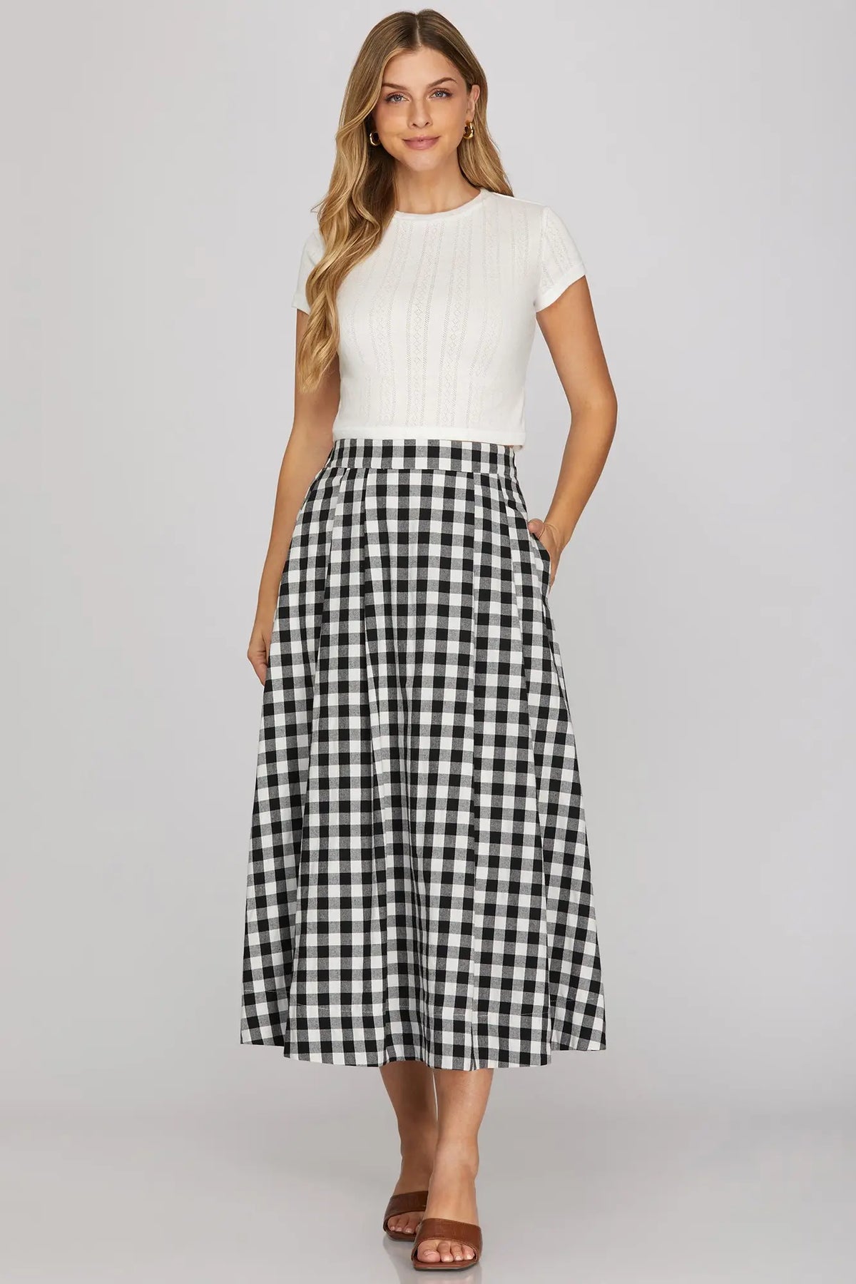 Gingham Elastic Waist Midi Skirt