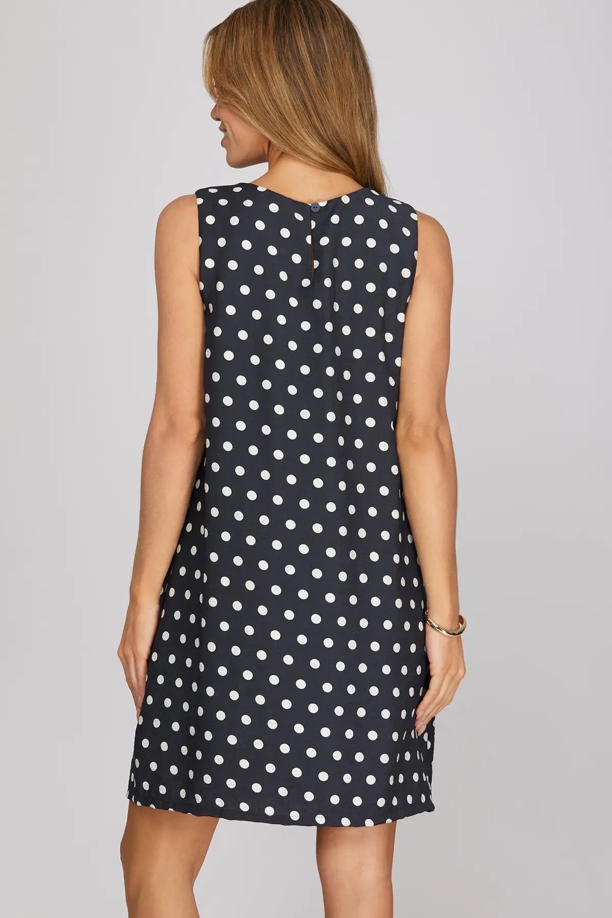 Polka Dot Sleeveless Shift Dress-Navy