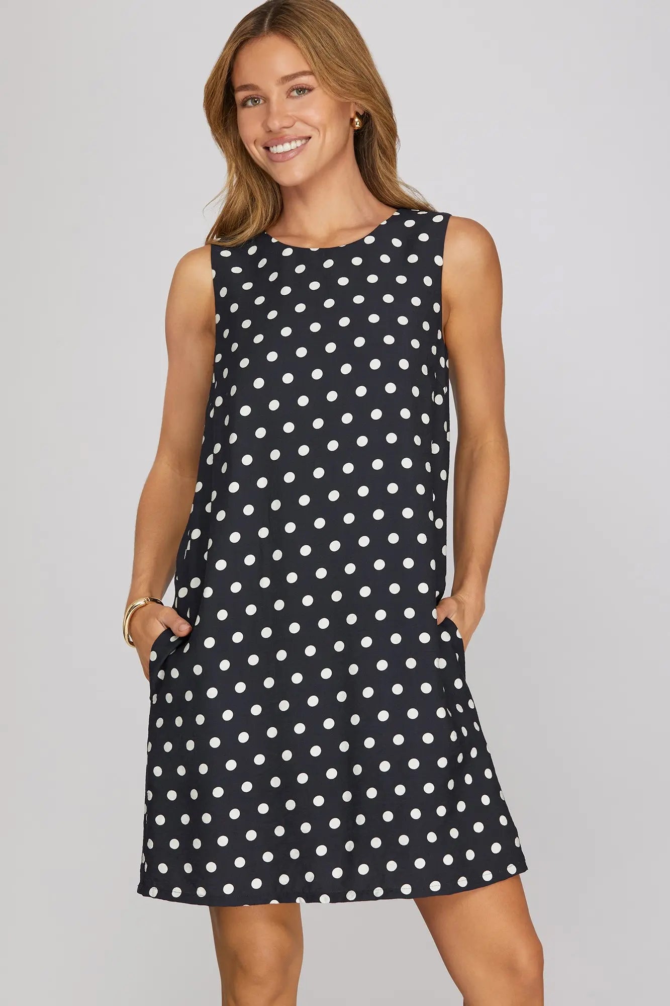 Polka Dot Sleeveless Shift Dress-Navy