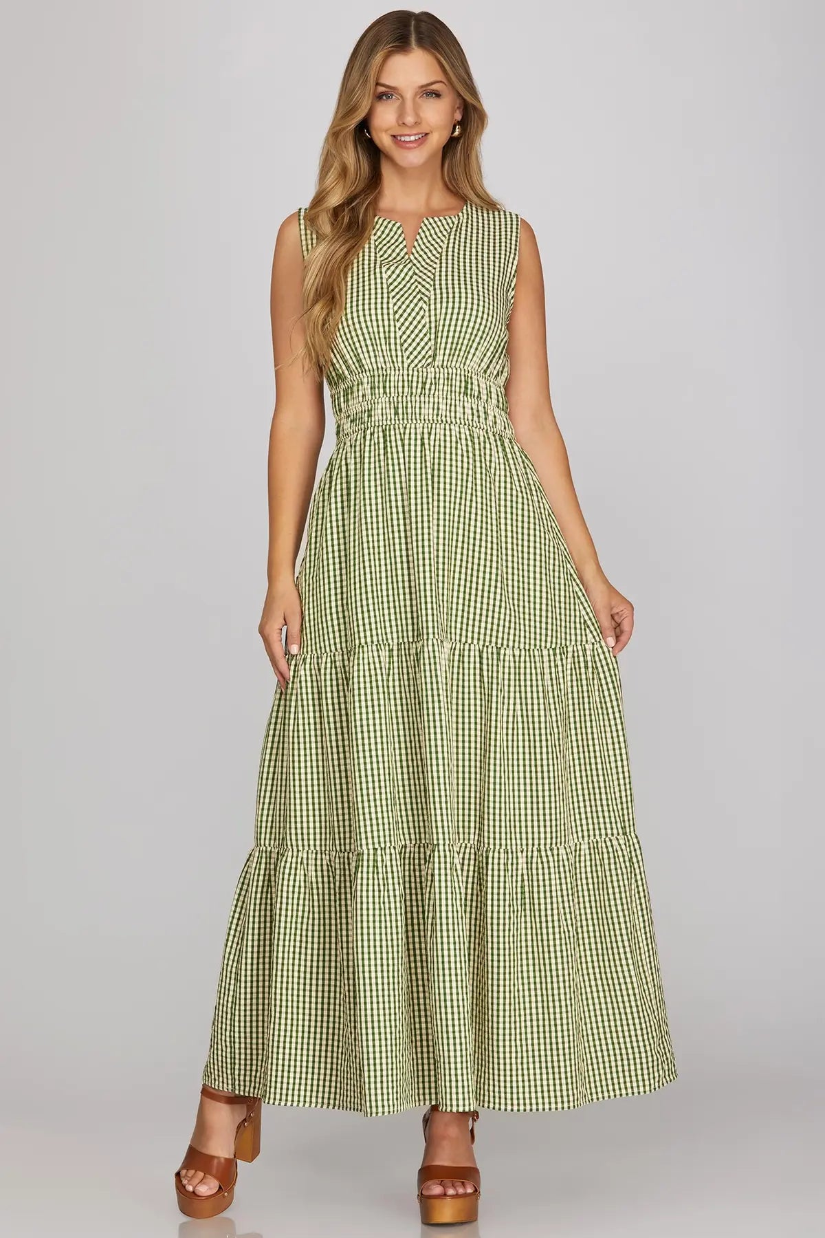Sleeveless Gingham Gathered Waist Maxi Dress-Green