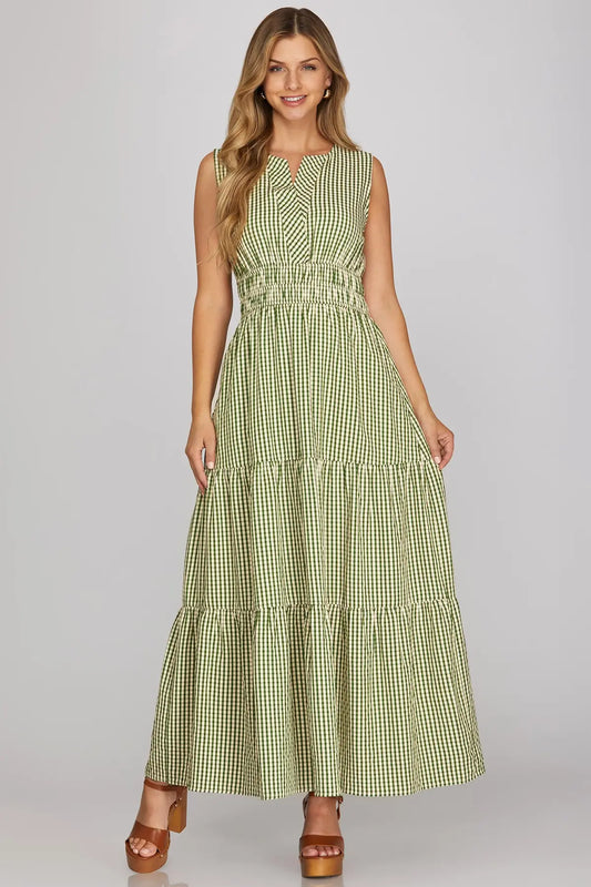 Sleeveless Gingham Gathered Waist Maxi Dress-Green