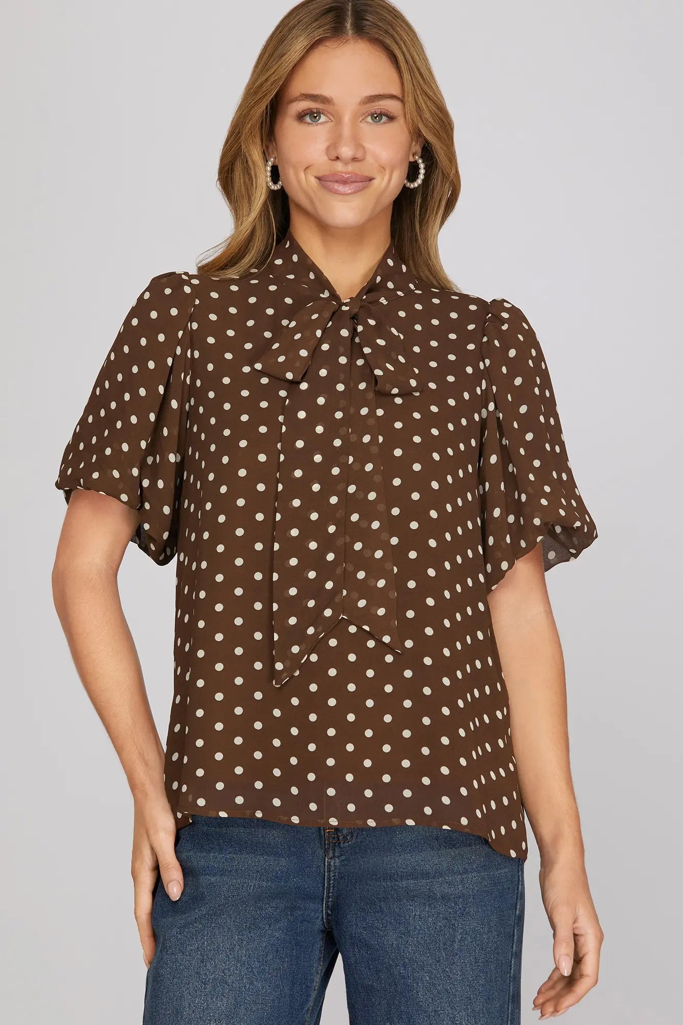 Polka Dot Bow Tie Neck Puff Sleeve Top