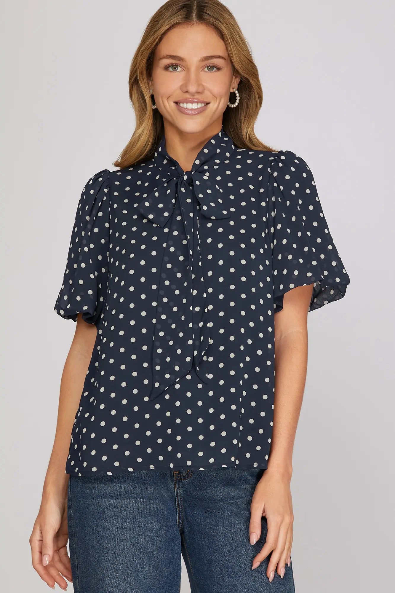 Polka Dot Bow Tie Neck Puff Sleeve Top