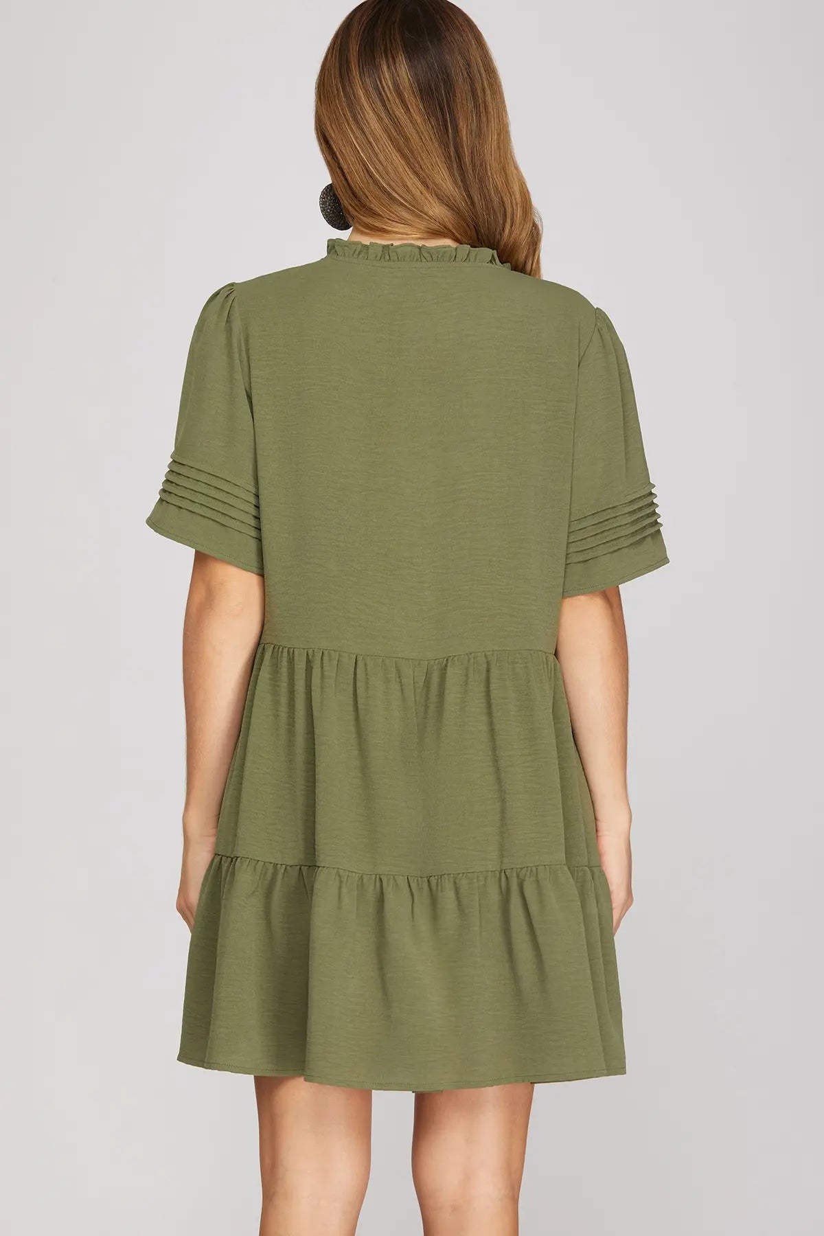 Solid Ruffle Placket Tiered Pleat Sleeve Dress