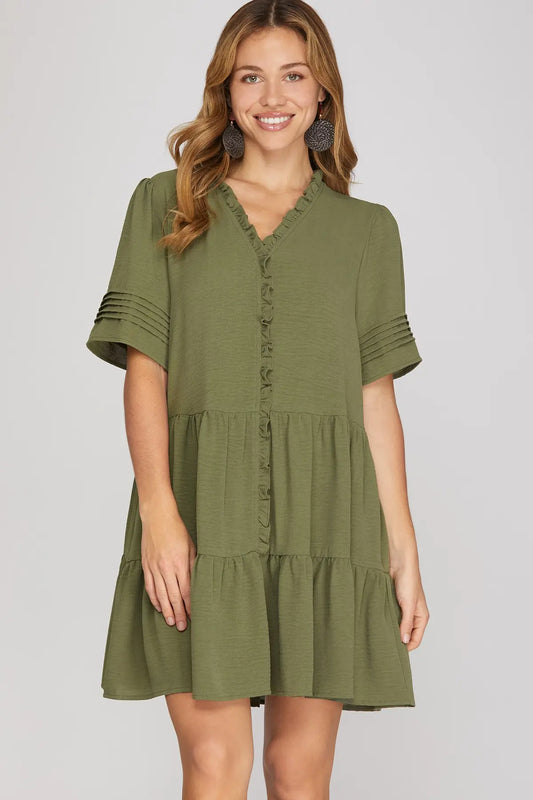 Solid Ruffle Placket Tiered Pleat Sleeve Dress