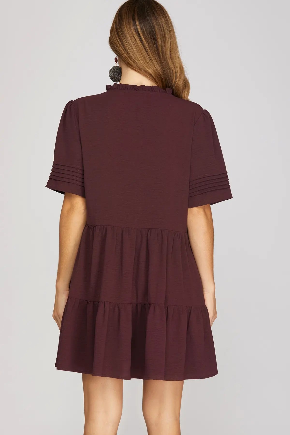 Solid Ruffle Placket Tiered Pleat Sleeve Dress