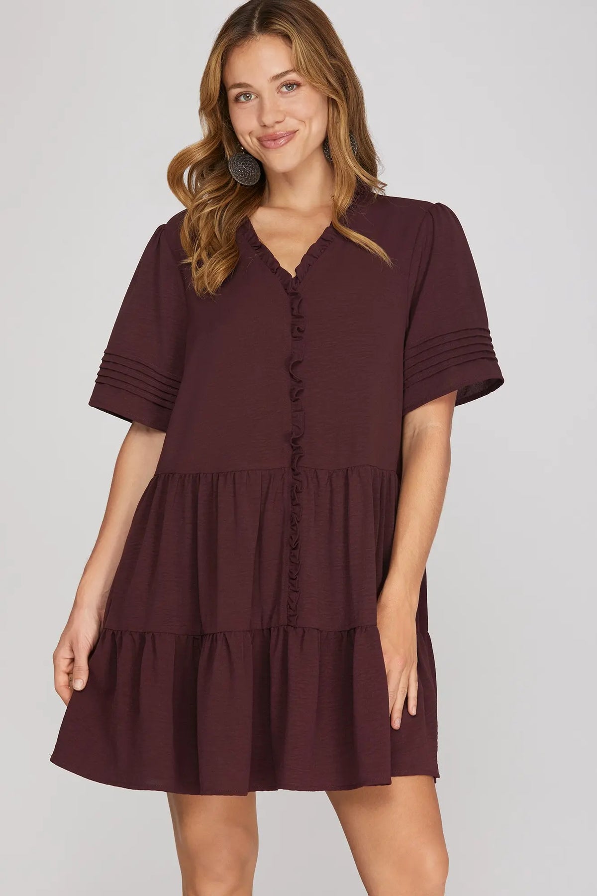 Solid Ruffle Placket Tiered Pleat Sleeve Dress