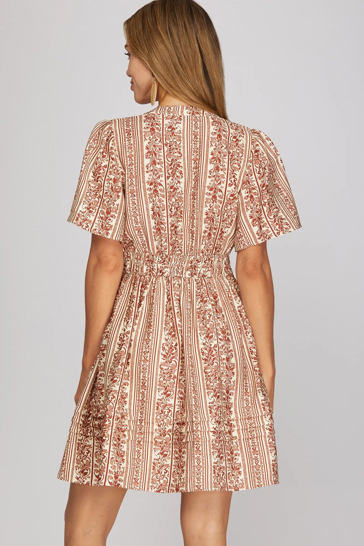 Vertical Floral Vine Print Bell Sleeve Pleated Hem Dress-Brick