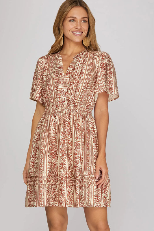 Vertical Floral Vine Print Bell Sleeve Pleated Hem Dress-Brick
