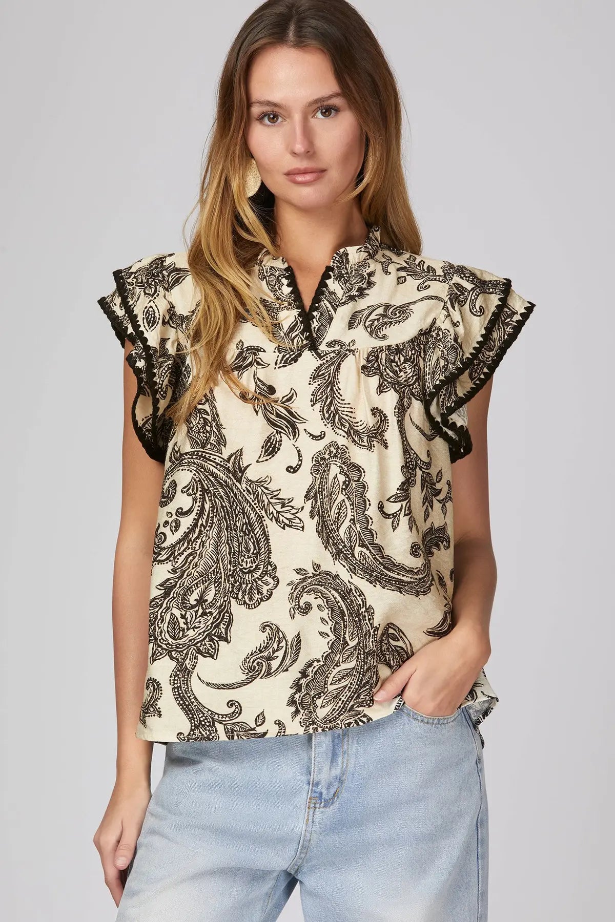 Paisley Double Whipstitch Ruffle Sleeve Top-Black
