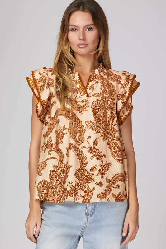 Paisley Double Whipstitch Ruffle Sleeve Top-Caramel