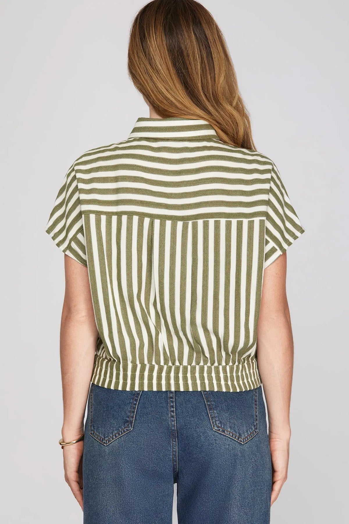Striped Button Placket Gathered Hem Crop Top-Olive