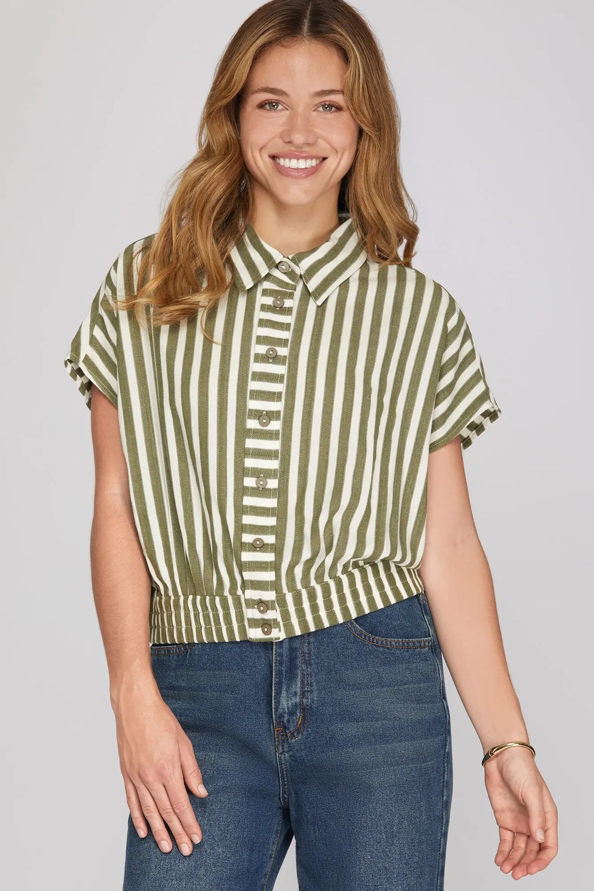 Striped Button Placket Gathered Hem Crop Top-Olive