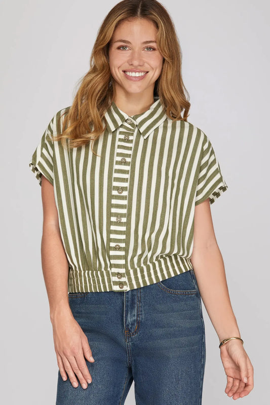 Striped Button Placket Gathered Hem Crop Top-Olive