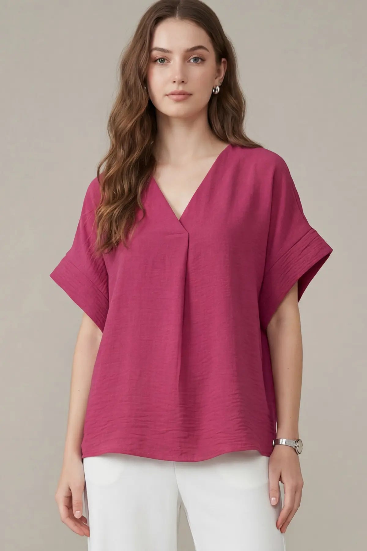 Solid V-Neck Pleat Wide Cuff Top