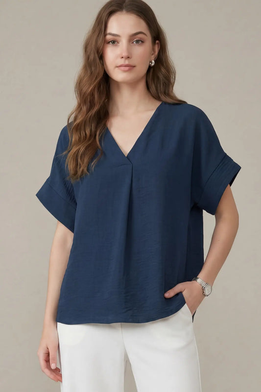 Solid V-Neck Pleat Wide Cuff Top