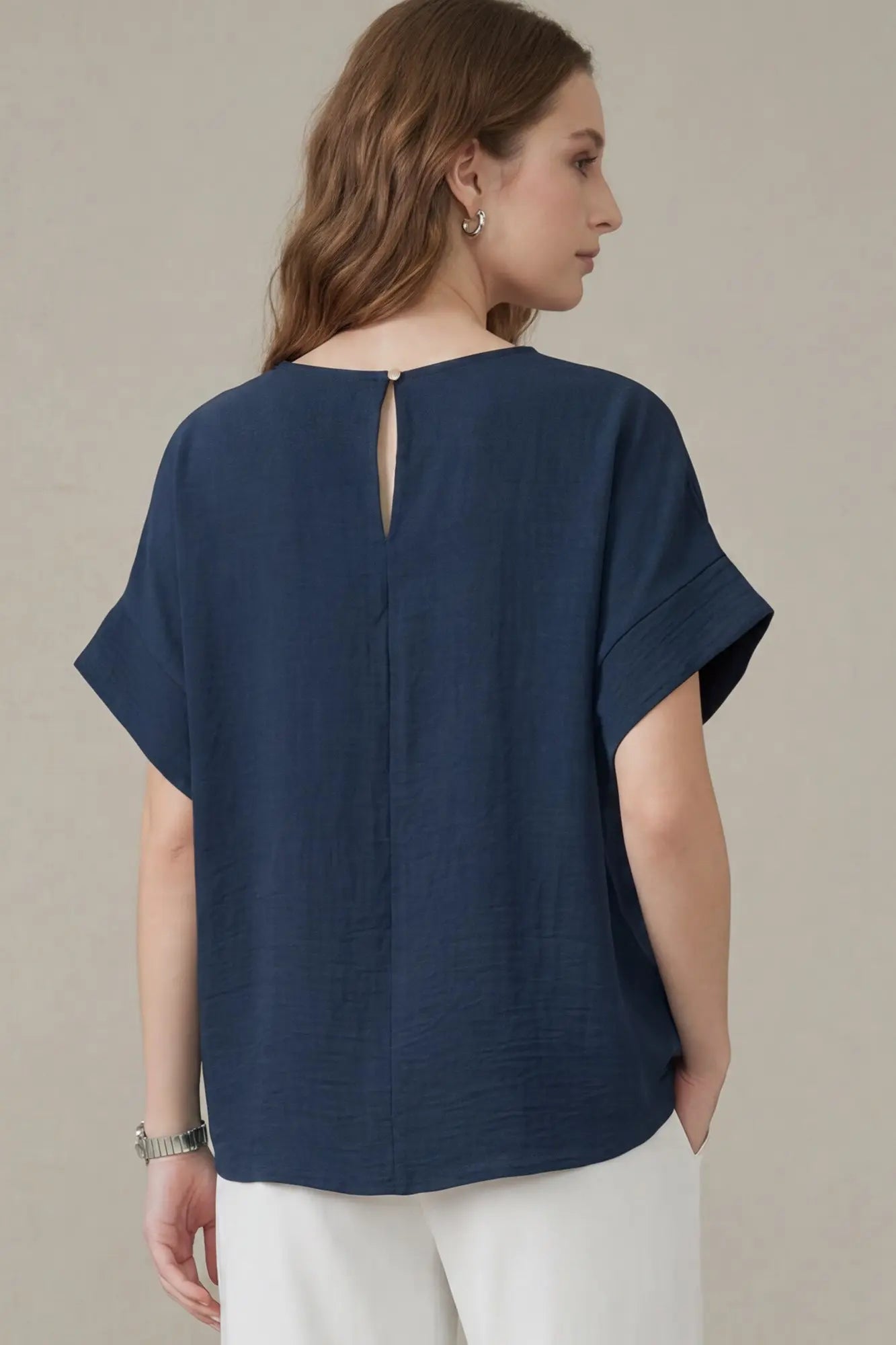 Solid V-Neck Pleat Wide Cuff Top