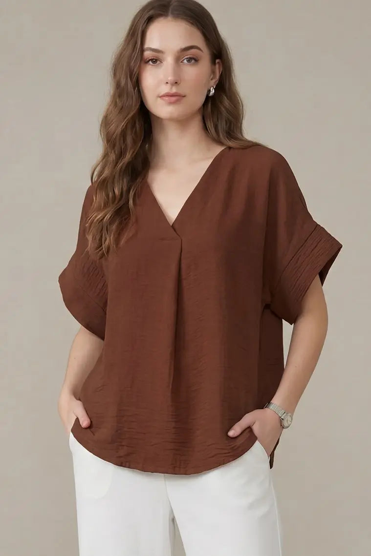 Solid V-Neck Pleat Wide Cuff Top